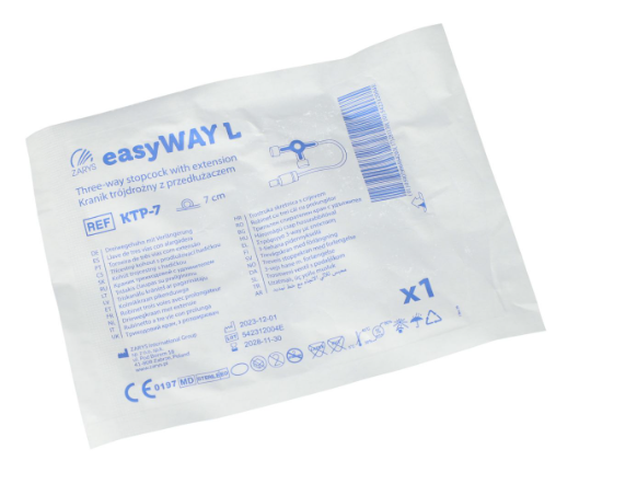 Kranik trójdrozny sterylny z przedluzaczem 7 cm, bez ftalanów