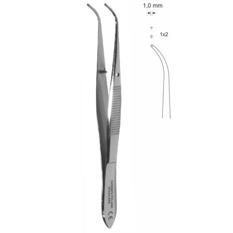 Pinceta do tęczówki, lekko odgięta dł. 100 mm, czubek 1 mm, 1×2 ząbki