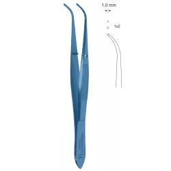Pinceta do tęczówki, odgięta tytanowa dł. 100 mm, czubek 1 mm, 1×2 ząbki