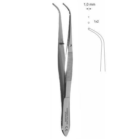 Pinceta do tęczówki, zakrzywiona  dł. 100 mm, czubek 1 mm, 1×2 ząbki