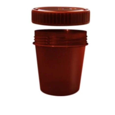 Pojemnik na mocz, brązowy z PP na próbki – z zakrętką z HDPE, 100 ml-  opak. 50szt.