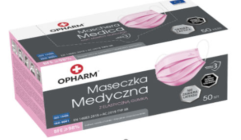 OPHARM Maska medyczna trzywarstwowa z gumkami, różowa-IIR-50SZT