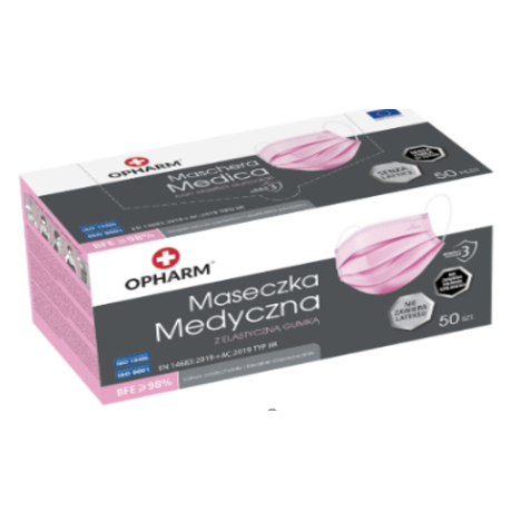 OPHARM Maska medyczna trzywarstwowa z gumkami, różowa-IIR-50SZT
