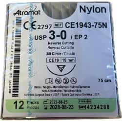 Nici nylon. 3/0 dł. 75 cm, igła CE-19, 3/8 koła, odwrot. tnąca, op. 12 szt